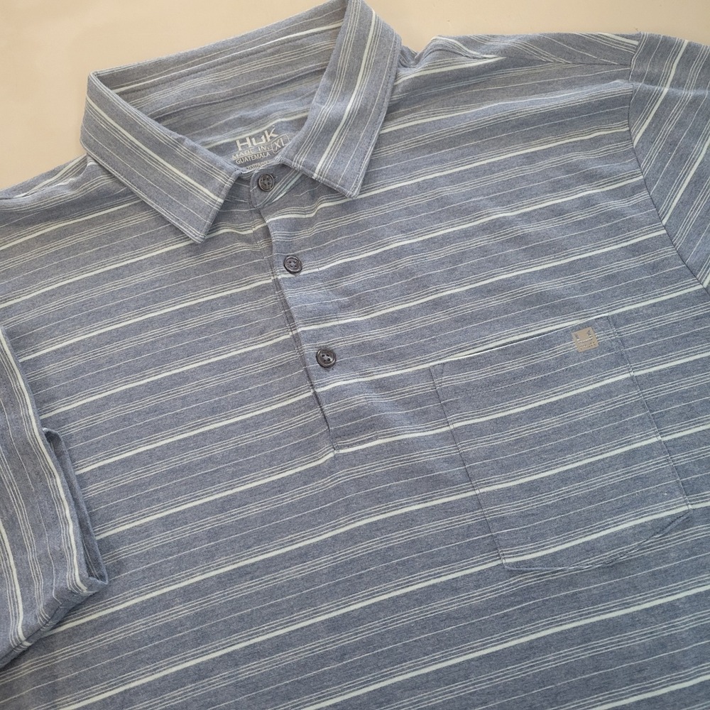 Huk‎ Mens XL Blue Striped Short Sleeve Performance Polo Shirt H1200498 Pocket